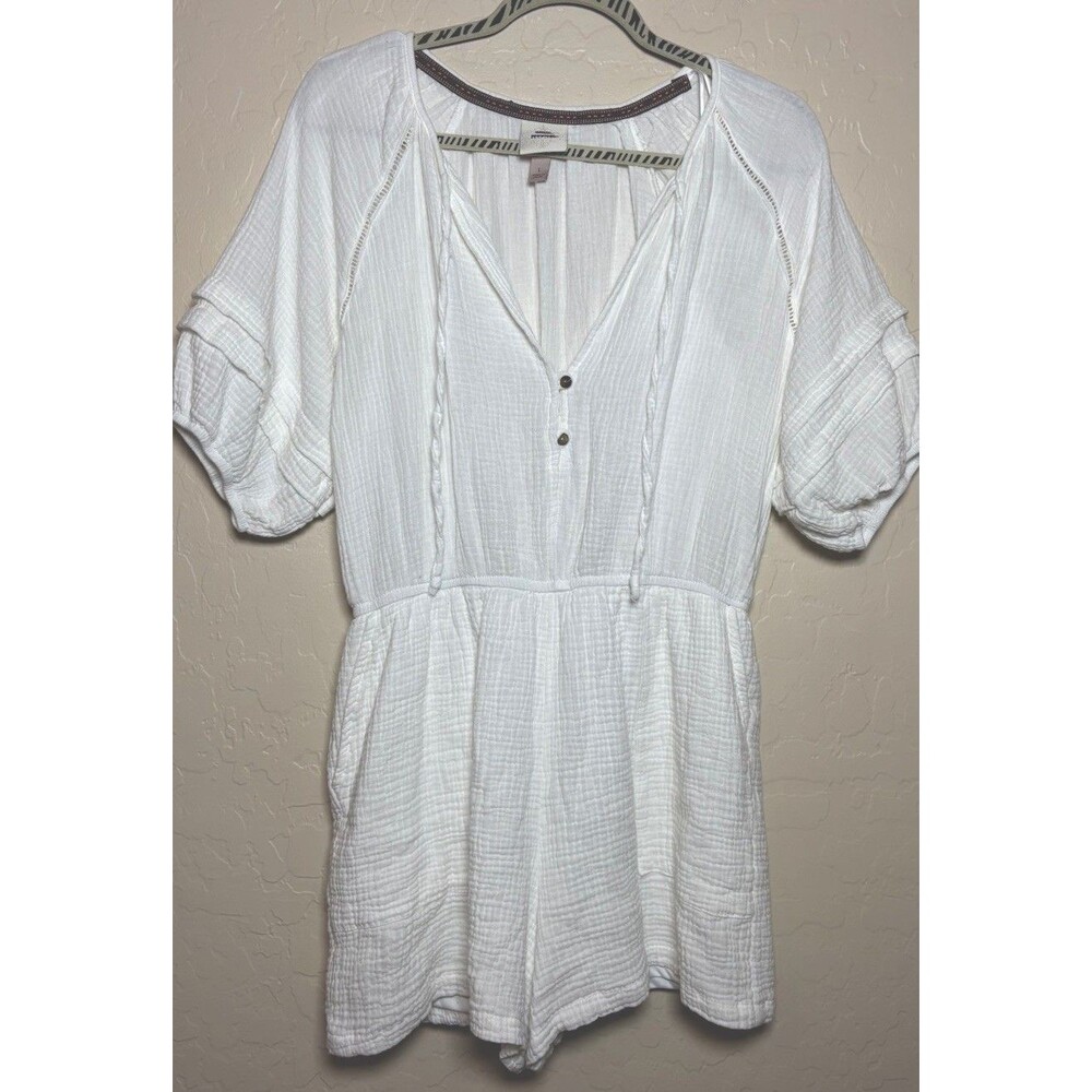 Know Rose Womens L White Cotton Gauze Romper Puff Sleeve Boho V Neck Pockets